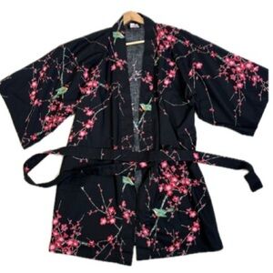Made in Japan Floral Cherry Blossom Bird Print Womens Kimono One Size with Belt